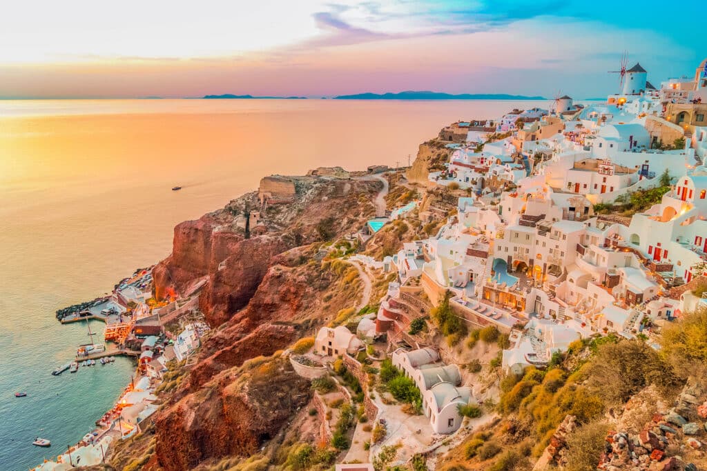 beautiful details of Santorini island, sunset over Oia village, Santorini island, Greece with Aegan sea, toned