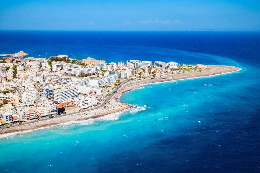 Rhodes City Beach Aerial Panoramic View In Rhodes Island In Gree