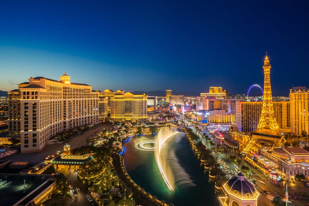 cityscape of Las Vegas strip Aerial view in Nevada at night USA